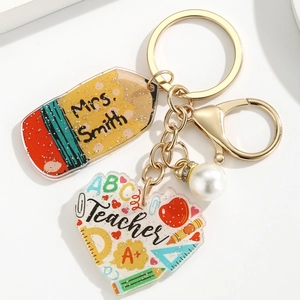 Acrylic Teacher Keychain with Pencil and Heart Charms for Graduation Gift