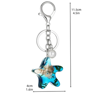 Creative ocean-themed starfish keychain with blue resin charm, seashell and white pearl