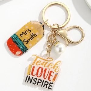 Creative Teacher appreciation keychain with rainbow tassel and personalized name pencil charm