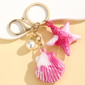 Creative ocean shell keychain with colorful gradient starfish and pearl on gold ring