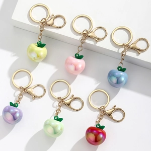 Cute Resin Pearlescent Apple Keychain Colorful Fruit Bag Charm Pendant Gold Metal Ring For Women Kids Fashion Accessory
