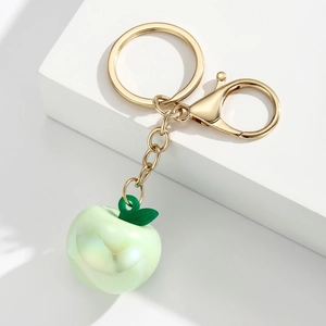 Creative green apple keychain with pearl resin finish and gold lobster clasp accessories