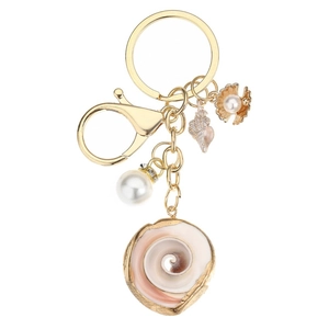 Creative ocean theme keychain with natural shell, gold lobster clasp and white pearls