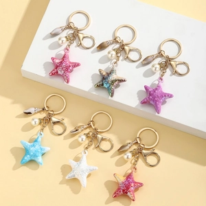 Cute Resin Starfish Keychain For Women Ocean Theme Bag Pendant With Imitation Artificial Pearl And Shell Charms Fashion Jewelry Gift