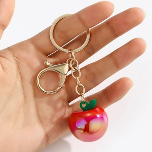 Cute apple shaped resin keychain with red gradient finish and golden metal ring