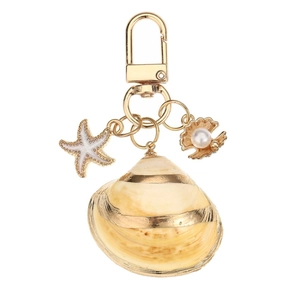Golden striped shell keychain with starfish and pearl charms for bag decoration