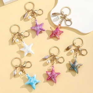 Set of 6 colorful acrylic starfish keychains with gold lobster clasps and pearls