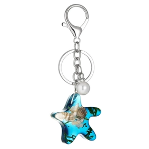 Creative ocean starfish keychain with blue resin, real shells, and a white pearl charm