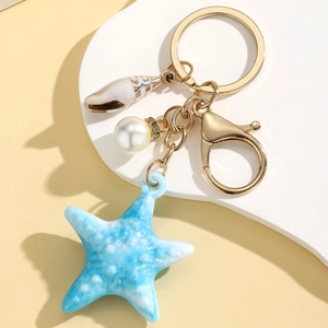 Creative resin blue starfish keychain with white conch shell and pearl bag charm pendants
