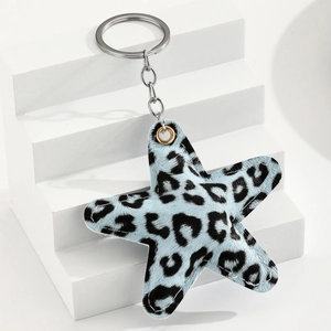 Detail showing the light blue leopard print star pendant with fine stitching and silver ring