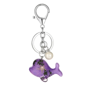 Porte-clés baleine en résine violette avec perle et anneau argenté pour sac à dos