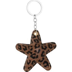 Leopard print star leather keychain with gold eyelet and silver metal ring on white background