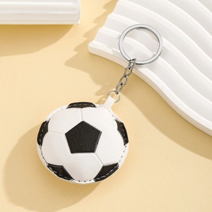 Porte-clés mini ballon de foot 3D en cuir classique avec anneau et chaîne en métal argenté