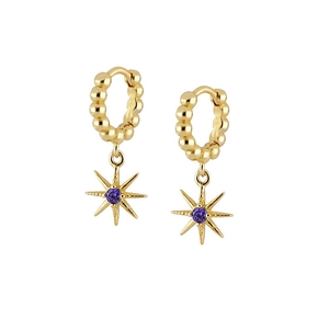 Detail of gold eight-point star earrings with purple zircon and beaded hoop design
