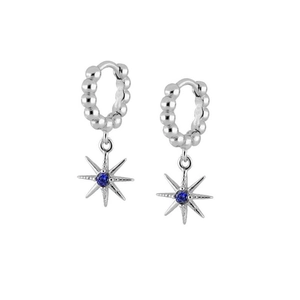Silver beaded hoop earrings with vintage star pendant and blue zircon stone