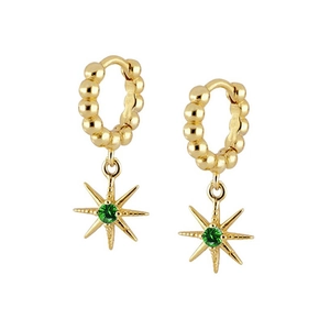Detail of gold starburst earrings with central emerald green cubic zirconia stones