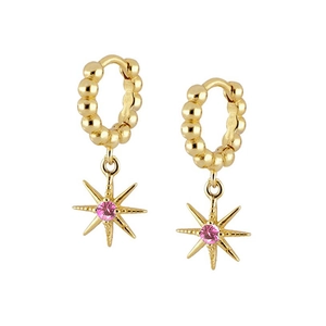 Detail of gold hoop earrings with beaded texture and pink zircon star charm