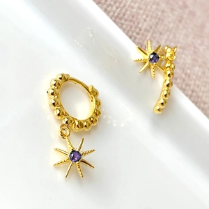 Elegant gold octagonal star drop earrings with purple zircon and beaded hoop design