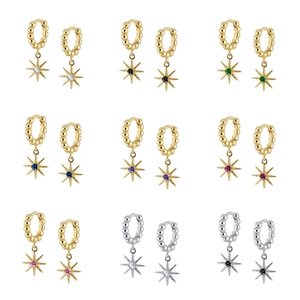 Vintage 925 Sterling Silver Post Copper North Star Hoop Earrings For Women Colorful Zirconia Octagram Pendant Jewelry