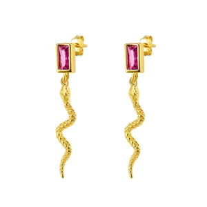 Vintage golden snake earrings with rectangle pink zircon stones and S925 silver needles