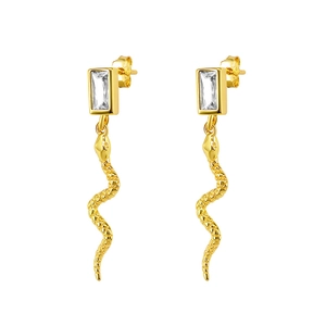 Elegant gold snake drop earrings with rectangular zircon and S925 silver needle