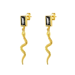 Macro detail of gold snake earrings with black zircon and S925 sterling silver stamp