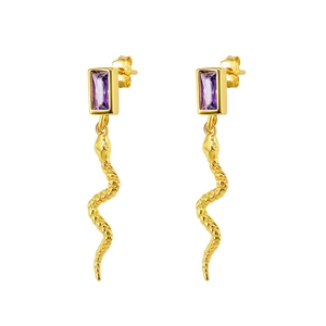 Macro detail of S925 sterling silver stamp on golden snake earrings with purple stones