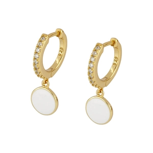 Elegant gold plated s925 silver hoop earrings with white enamel charms and sparkling crystals