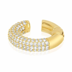 Detailed macro view of 18k gold plated C-shaped ear cuff with pave set cubic zirconia crystals