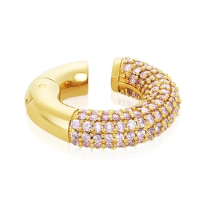 Detailed close-up of 18k gold plated ear cuff featuring half smooth finish and half pink pavé crystals