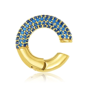 Elegant gold-plated C-shaped ear cuff featuring pavé blue zircon stones on white background