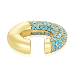 Detailed close-up of 18k gold plated C-shape ear cuff featuring turquoise bead inlay