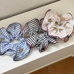 Sweet Girl Cartoon Bear Print Scrunchie Cloth Plaid High Elastic Hair Tie Women Hair Accessories Fresh Large Gingham Hair Ring