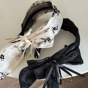 Lot de serre-têtes en satin à fleurs d'encre noir et crème avec grands nœuds et longs rubans