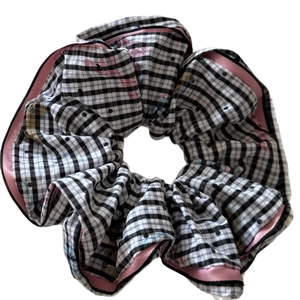 Gingham scrunchie with pink floral prints and satin trim for women ponytail