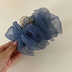 Large blue checkered seersucker hair claw clip with pleated organza bow design