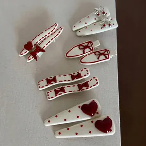 Sweet Korean Style Creamy White Red Polka Dot Bow Hair Clips For Women Cute Heart Cherry Bangs Side Clips Metal Hairpin