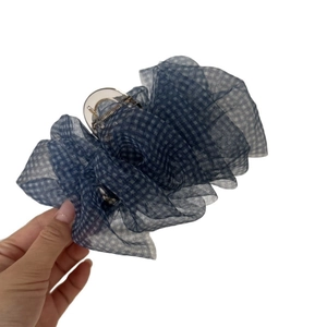 Blue and white gingham seersucker hair claw clip with large pleated mesh design