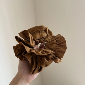 Caramel brown layered ruffle scrunchie made of premium satin fabric for ballet core style
