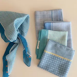 Women Vintage Blue Plaid Stripe Floral Square Scarf Cotton Blend Bandana Fashion Headwrap Artistic Hair Accessory Kerchief