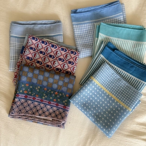 Blue plaid headscarf set with vintage floral and dot prints in cotton linen material