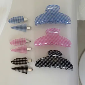 Ensemble de pinces à cheveux à carreaux Gingham avec grande griffe et barrettes colorées