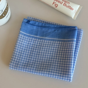 Detailed macro shot of blue checkered fabric texture with clean edge stitching