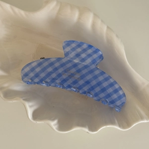 Détail de la pince à cheveux à carreaux bleus avec texte Barrette sur plateau coquille