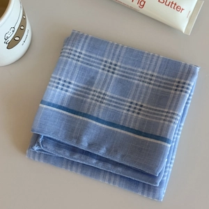 Detailed close-up of blue and white checkered fabric pattern on a soft square headscarf
