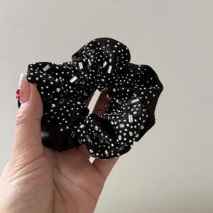 Luxurious black satin scrunchie with sparkling silver rhinestones and clear rectangle crystals