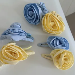 Handmade 3D rose fabric flower hair scrunchie and clip set in blue and yellow