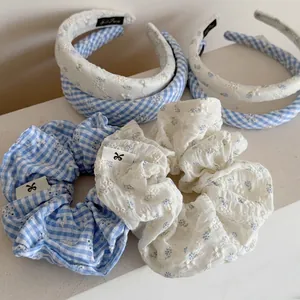 Serre-Tête Rembourré Femme Broderie Florale Gingham Check Style Forêt Doux Accessoires de Cheveux en Tissu de Coton