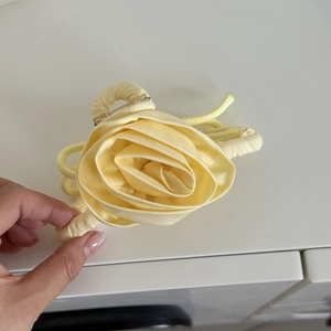 Handmade light yellow 3D fabric rose flower hair clip with layered petals for elegant hair styling
