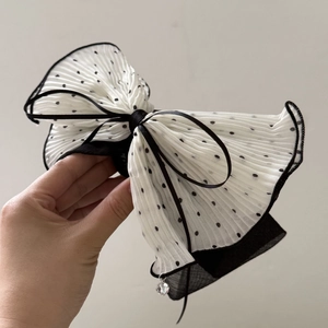 French style polka dot chiffon bow hair clip with crystal pendant for women